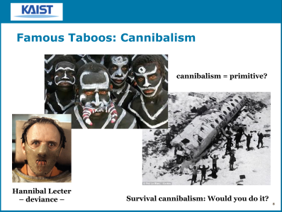 Of course we had to talk about the most famous food taboo... cannibalism. Why does it disgust us... because it's deviant or primitive? And under what conditions could we overcome that (i.e. survival cannibalism)?